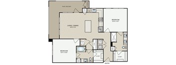 A floor plan of a home with a living room, dining room, and two bedrooms.