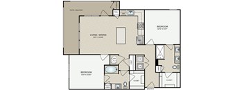 A floor plan of a two-bedroom apartment with a living room, dining room, and kitchen.