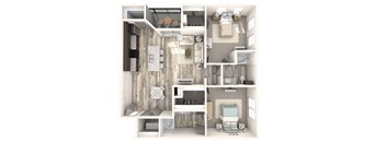 A 3D floor plan of a small apartment with a bedroom, living room, and kitchen.
