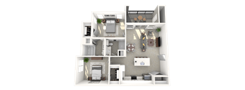 A 3D floor plan of a house with a kitchen, living room, and two bedrooms.