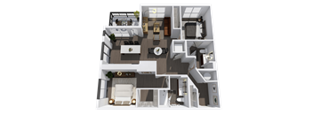 A 3D floor plan of a house with a living room, kitchen, and bathroom.