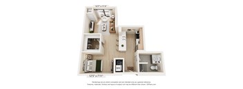 A 3D floor plan of a small apartment with a kitchen, living room, and bathroom.