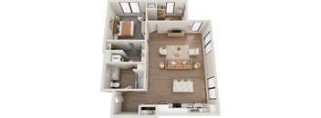 a 3d rendering of a floor plan with a bedroom and living room
