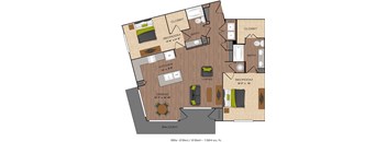 A floor plan of a two bedroom apartment with a living room, kitchen, and bathroom.