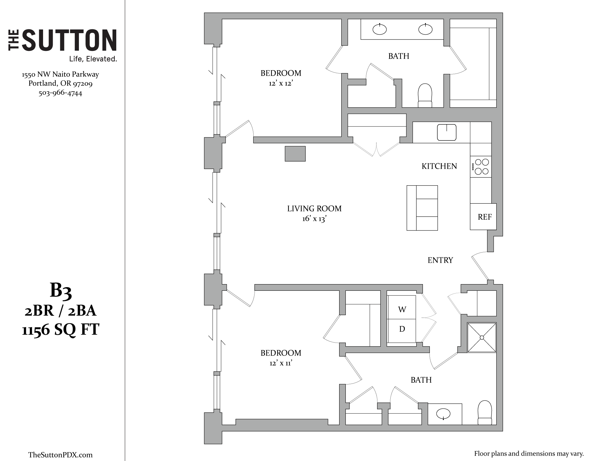 A floor plan for a two bedroom, two bathroom apartment.