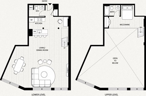 A black and white diagram of a two-level house layout.