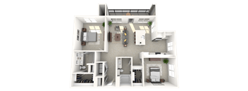 A 3D rendered image of a house layout.