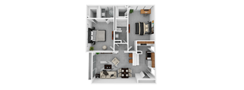 Two-bedroom two-bath apartment floor plan at Idlewild 45 in Midtown Memphis with split-bedroom layout and modern kitchen