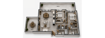 B3 two-bedroom apartment floor plan at MB Station apartments featuring spacious bedrooms, modern bathrooms, an open living and dining area, contemporary kitchen, and oversized terrace. Pet-friendly Miami apartments near Shenandoah and Coconut Grove.