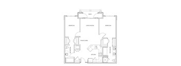 A floor plan of a house with a living room, two bedrooms, a dining area, a kitchen, and two bathrooms.