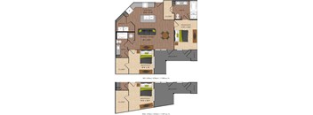 A floor plan of an apartment with two bedrooms, a living room, a kitchen, and a bathroom.