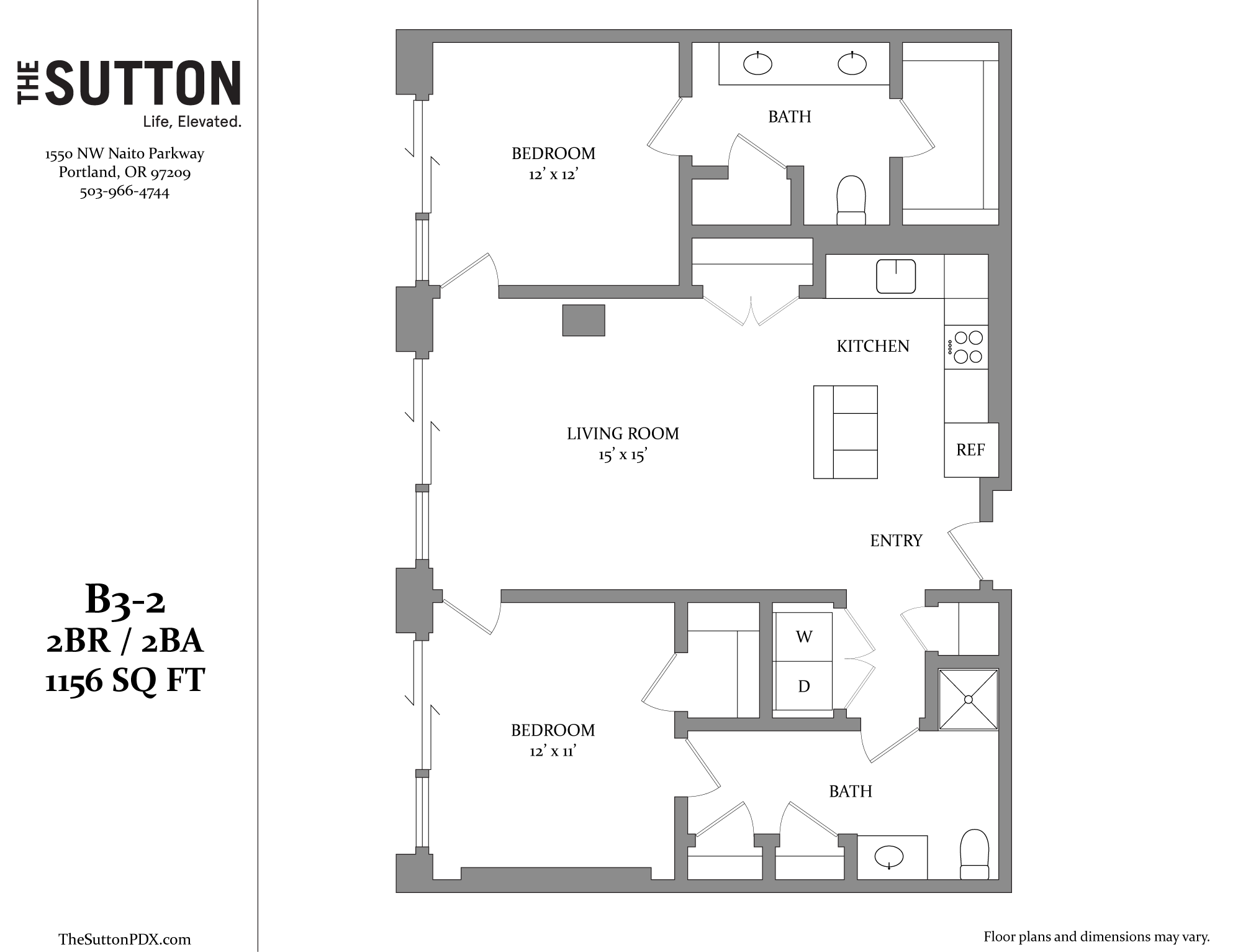 A floor plan for a two bedroom, two bathroom apartment.
