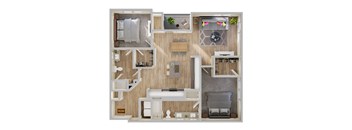 A 3D floor plan of a small apartment with a living room, kitchen, and bedroom.