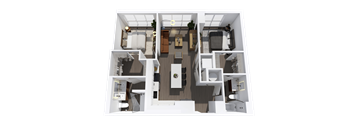 A 3D floor plan of a house with a kitchen, living room, and two bedrooms.