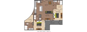 A 2 bedroom, 2 bathroom apartment is 1199 square feet.