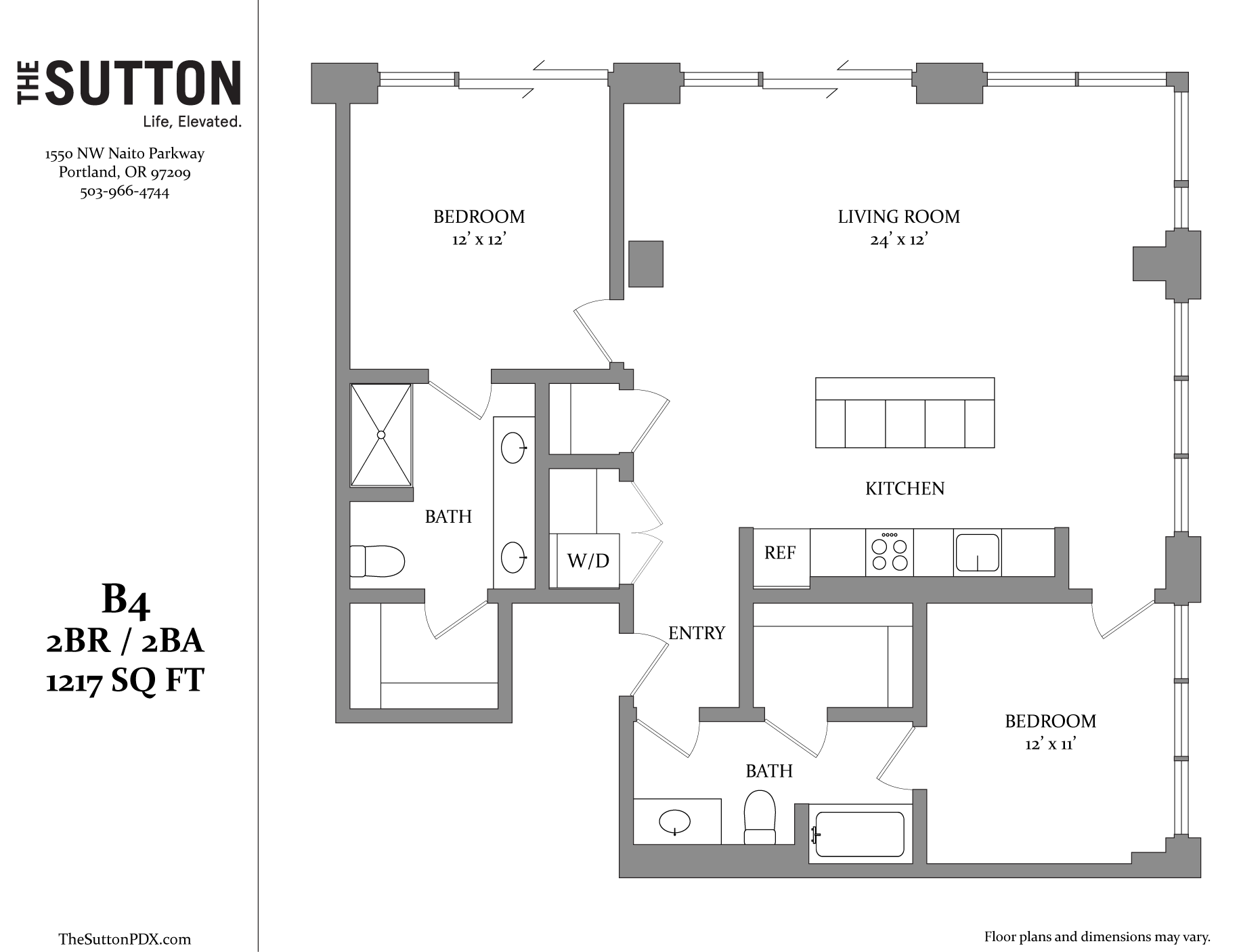 A floor plan for a two bedroom, two bath apartment with a living room and kitchen.