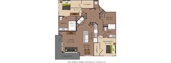 A floor plan of a 2 bedroom, 2 bathroom apartment with a living room and balcony.