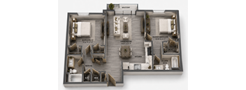 B4 two-bedroom apartment floor plan at MB Station in Miami featuring two bedrooms, two bathrooms, expansive living space, modern kitchen, and private balcony. Apartments for rent near Coral Way and Downtown Miami.