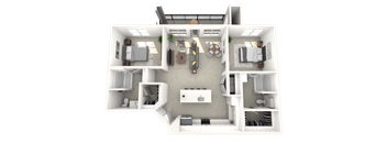 A 3D floor plan of a house with a kitchen, living room, dining room, and bedrooms.
