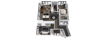 A 3D rendered image of a modern apartment layout.
