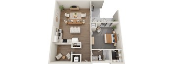a stylized floor plan with a bedroom and a living room