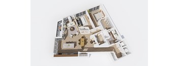 A 3D floor plan of a house with a kitchen, living room, and bathroom.