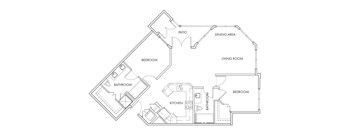A floor plan of a house with a living room, two bedrooms, a bathroom, a kitchen, and a dining area.