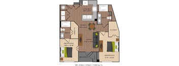 A floor plan of a two bedroom, two bathroom apartment.