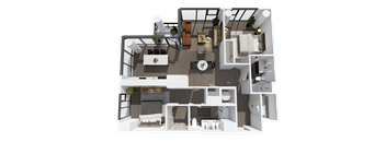 A 3D rendered image of a modern house interior.