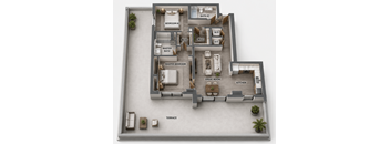 B5 two-bedroom apartment floor plan at MB Station apartments featuring an open-concept layout, spacious bedrooms, modern bathrooms, gourmet kitchen, and large outdoor terrace. Pet-friendly apartments near Silver Bluff and Brickell.