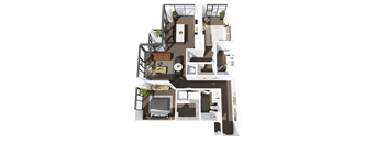 A top-down view of a house with a kitchen, living room, and bedrooms.