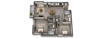 B6 two-bedroom apartment floor plan at MB Station in Miami, FL featuring a split-bedroom layout, spacious living area, modern kitchen, two bathrooms, and outdoor living space. Apartments near Coral Way and Coconut Grove.