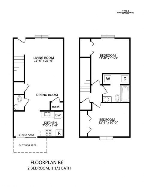 a floor plan of a 2 bedroom, 1 bath apartment