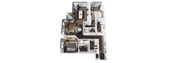 A 3D floor plan of a house with a kitchen, living room, and two bedrooms.