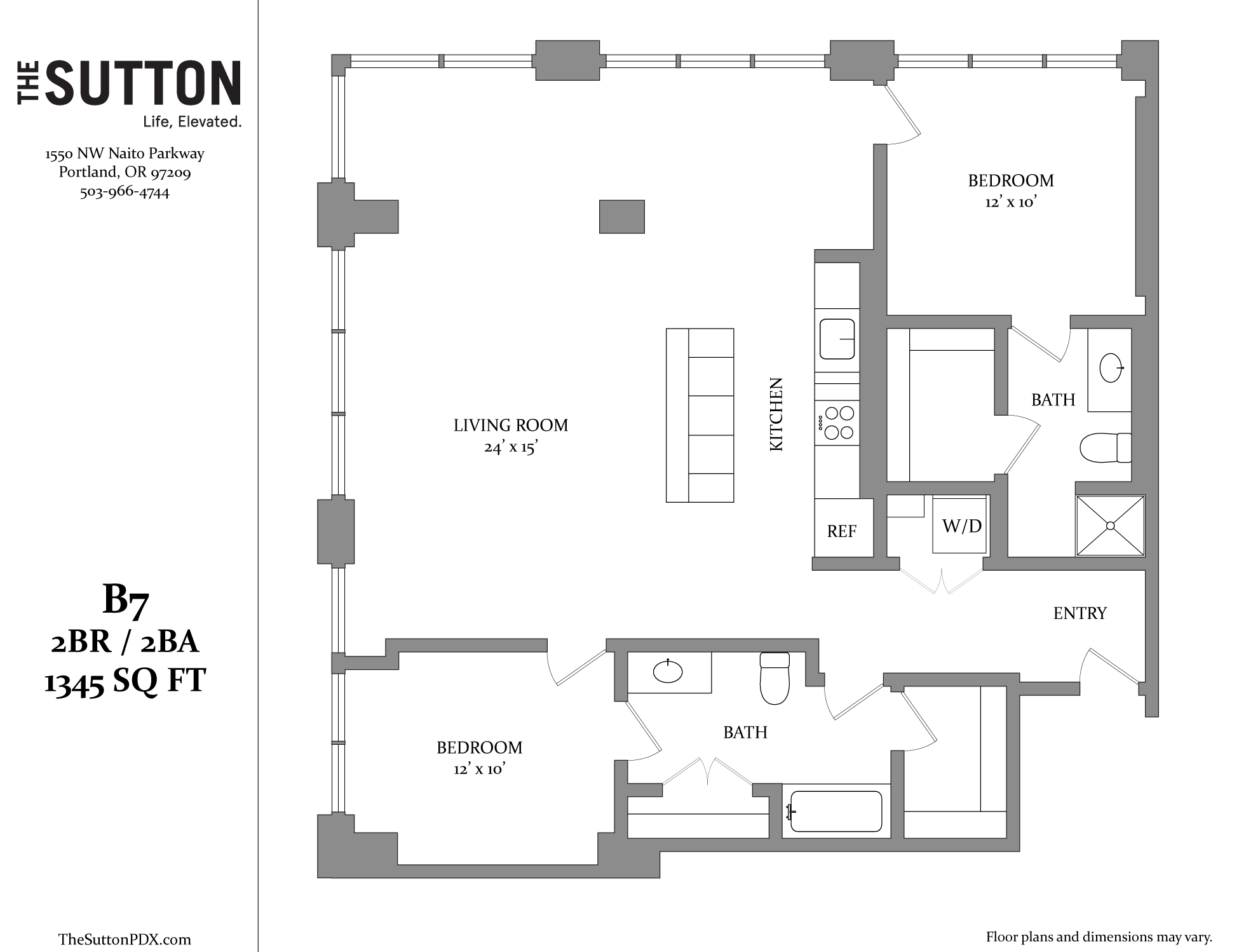 A floor plan for a property called The Sutton, showing a living room, kitchen, two bathrooms, and two bedrooms.