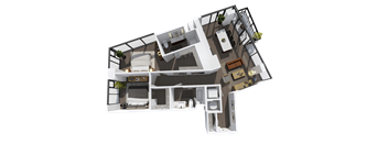 A 3D rendered image of a house layout.