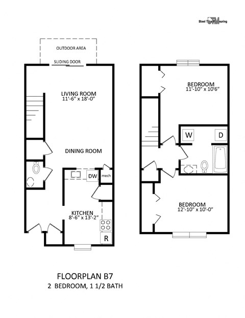 a floor plan of 2 bedroom, 1 bath