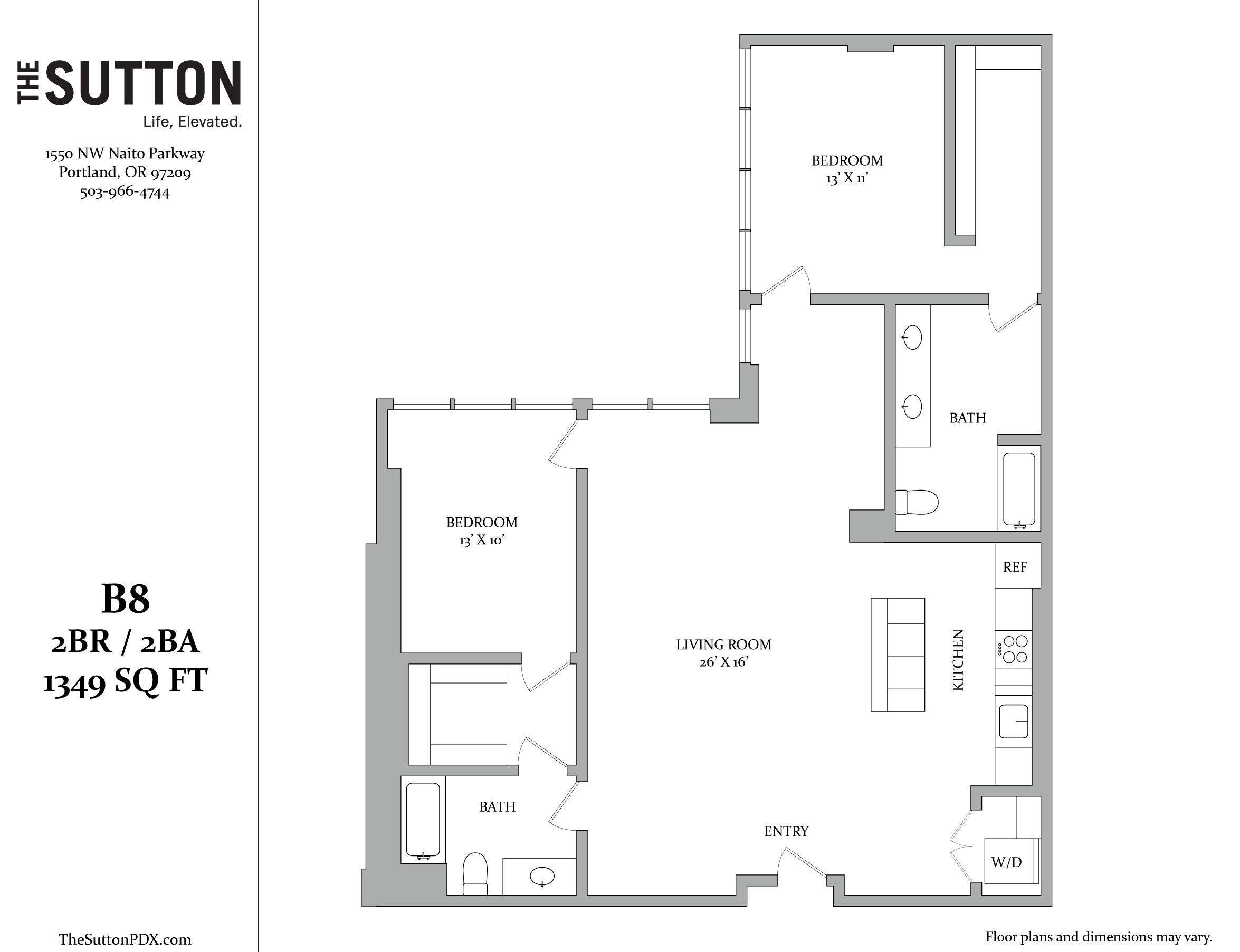 A floor plan for a two bedroom, two bathroom apartment.