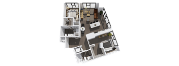 A 3D floor plan of a house with a kitchen, living room, and two bedrooms.