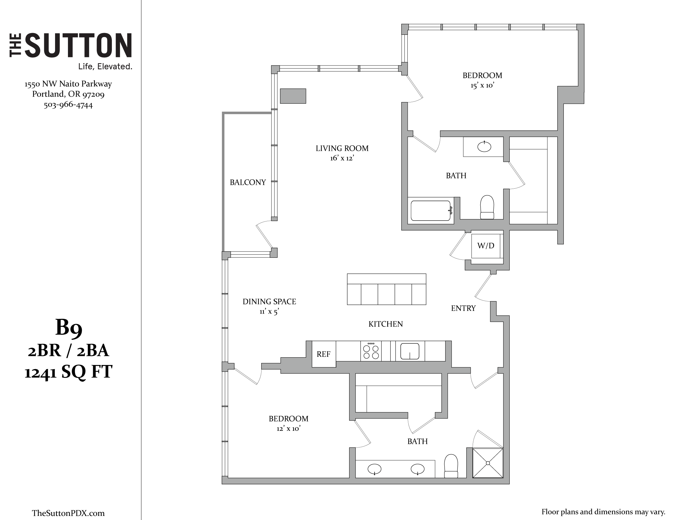 A floor plan for a two bedroom, two bathroom apartment.