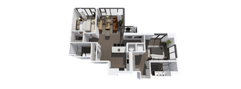 A 3D floor plan of a house with multiple rooms and furniture.