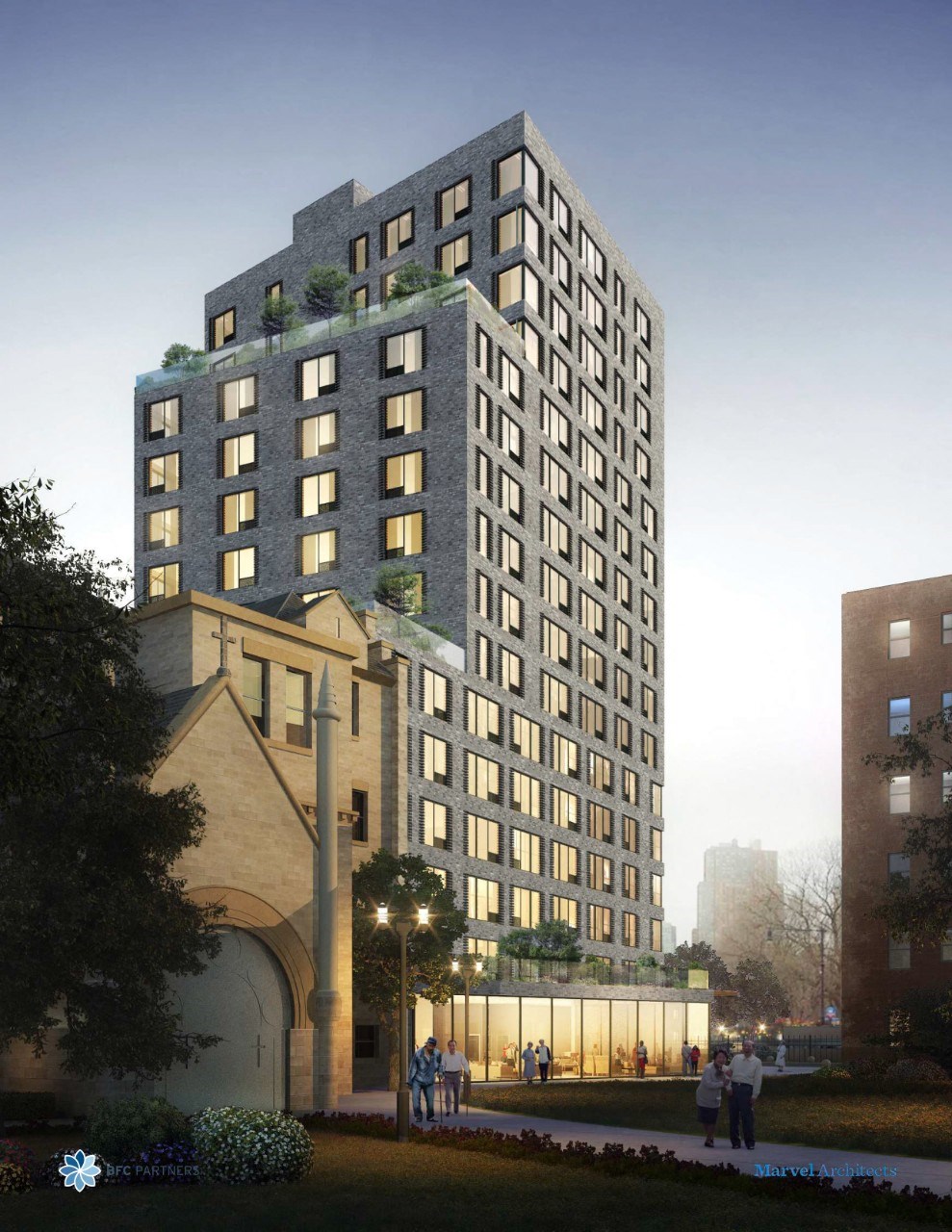 a rendering of a tall building with a green roof