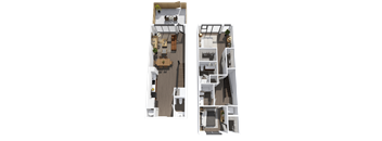 A floor plan of a two-story house with a living room, kitchen, and bedrooms.