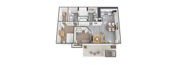 A 3D floor plan of a house with a living room, kitchen, and dining area.