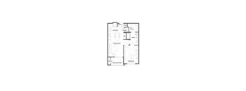 A black and white floor plan of an apartment with a living room, kitchen, bathroom, and bedroom.