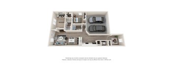 a 3d floor plan of an apartment with a car in the garage