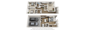 a stylized floor plan with two bedrooms and a car garage