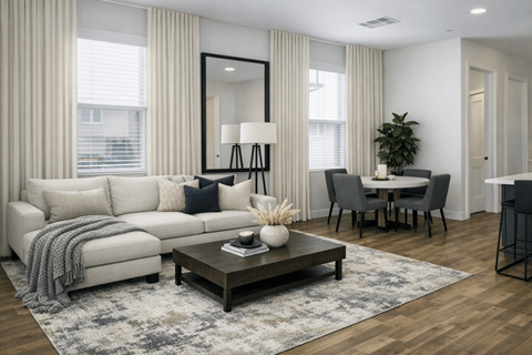 A modern living room with a white sofa, a coffee table, and a dining table set up.
