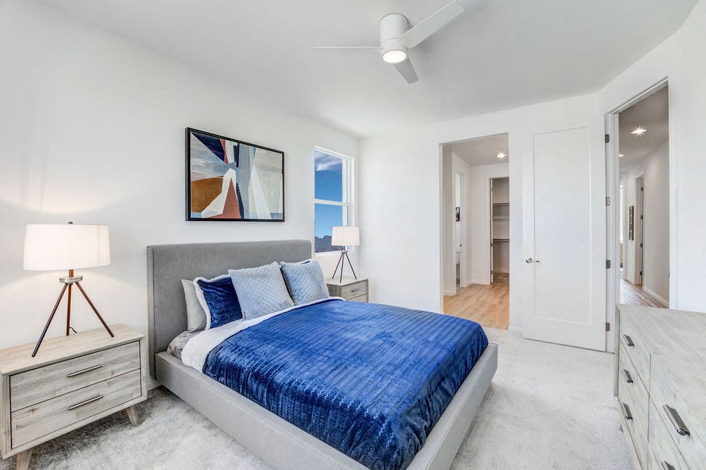 a bedroom with a bed and a closet