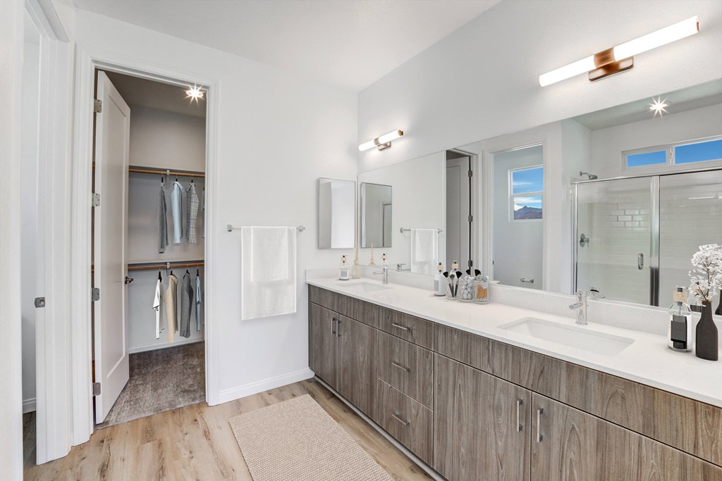 a bathroom with two sinks and a shower and a mirror